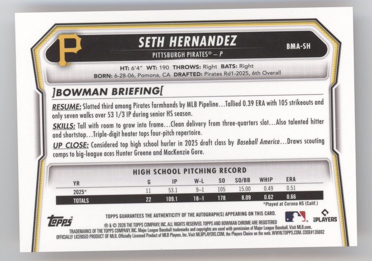 2026 Bowman Chrome Prospect Autograph Seth Hernandez #BMA-SH Orange Mojo 15/25