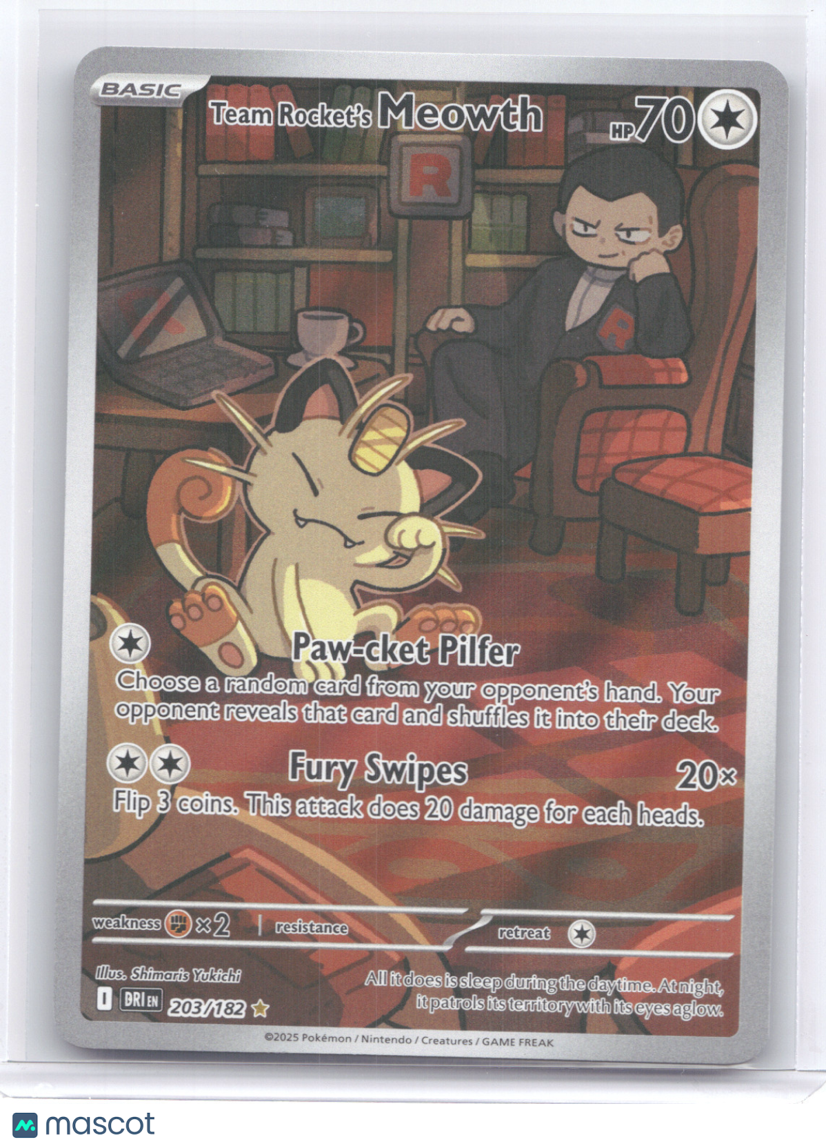 2025 Destined Rivals Team Rocket's Meowth Secret Rare #203/182