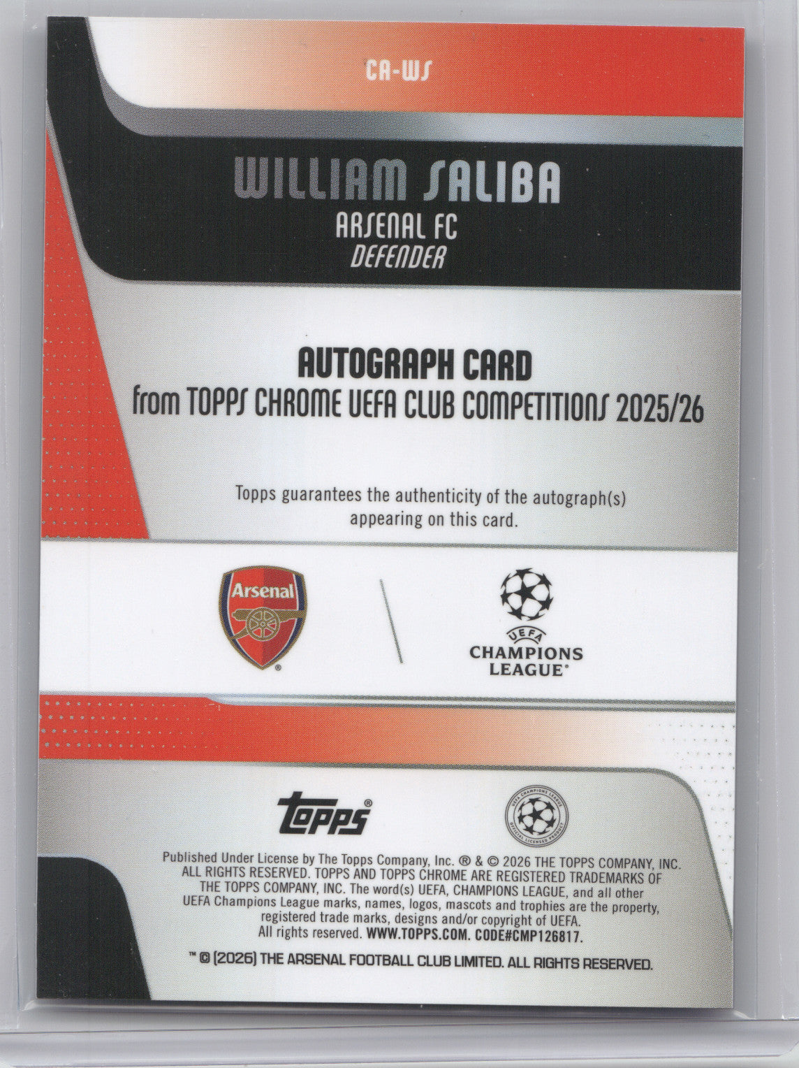 2026 Topps Chrome UEFA Club Competitions William Saliba #CA-WS Auto Purple 51/75