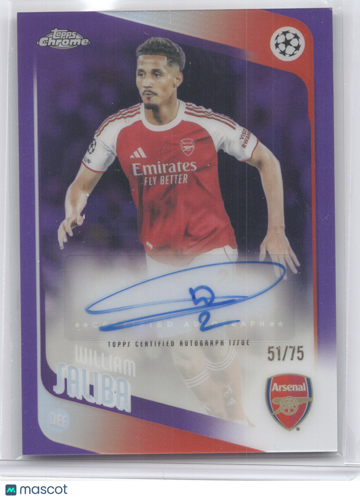 2026 Topps Chrome UEFA Club Competitions William Saliba #CA-WS Auto Purple 51/75