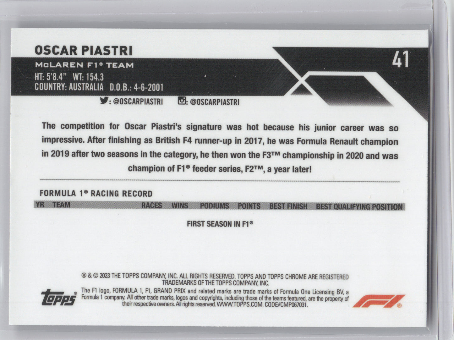 2023 Topps Chrome Formula 1 Oscar Piastri #41 Purple 383/399