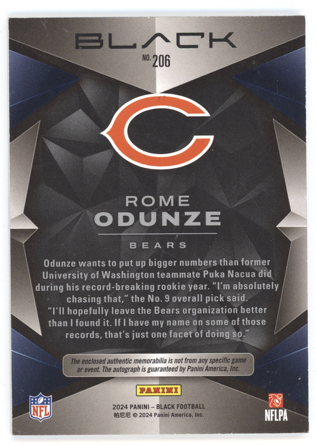 2024 Panini Black Football Rome Odunze #206 Royal 074/150 Autograph Patch RC