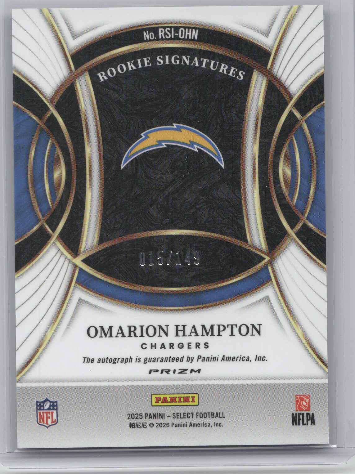 2025 Panini Select Rookie Signatures Omarion Hampton #RSI-OHN Blue 015/149 RC