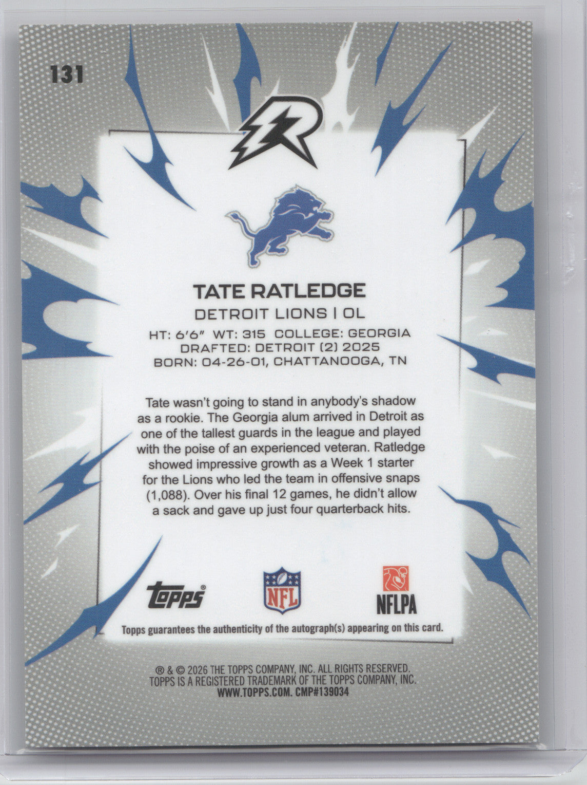 2025 Topps Resurgence Tate Ratledge #131 Gold Power Signature RC 50/50