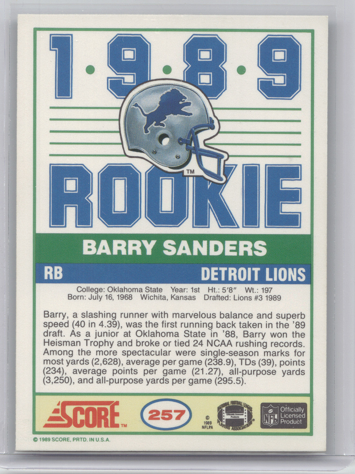 1989 Score Barry Sanders #257 Rookie