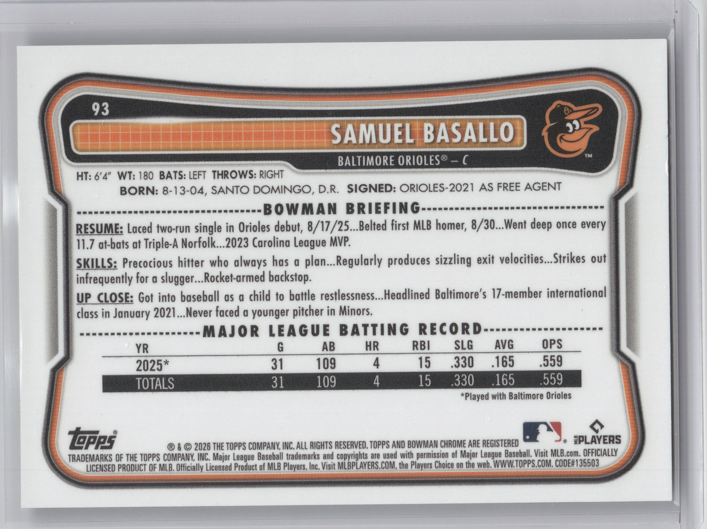 2026 Bowman Chrome Samuel Basallo #93 Stained Glass RC