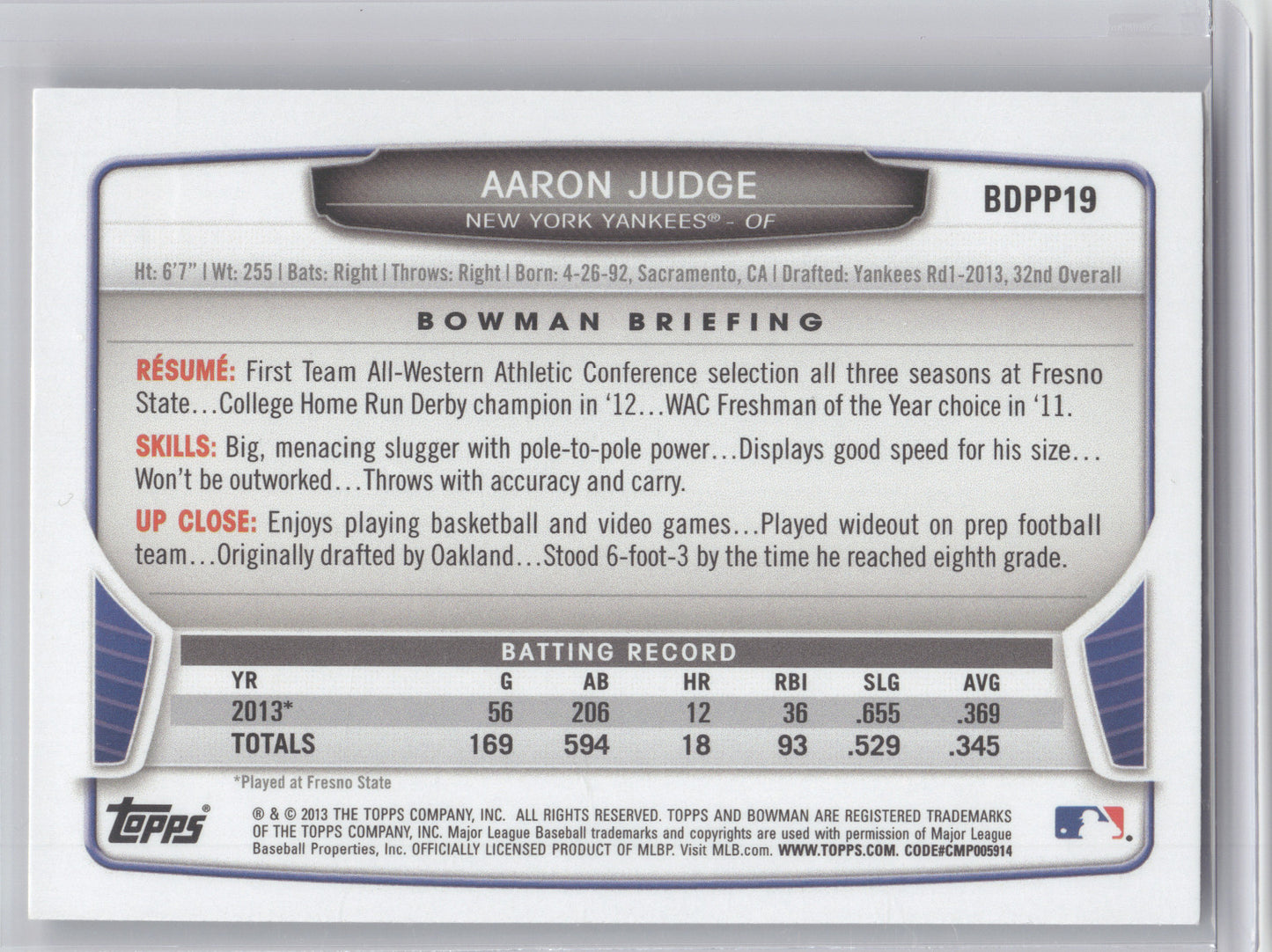 2013 Bowman Draft Picks & Prospects Aaron Judge #BDPP19