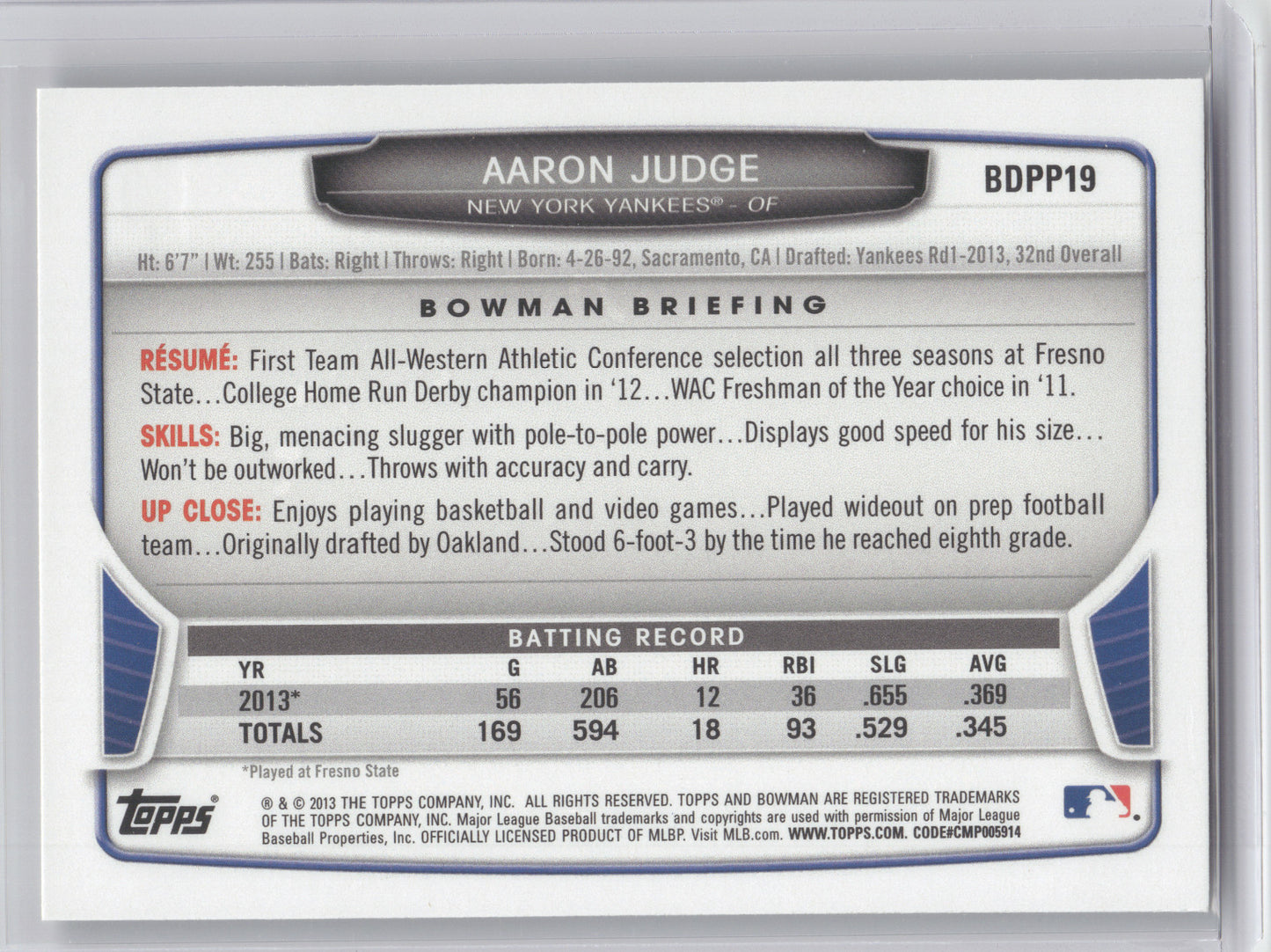 2013 Bowman Draft Picks & Prospects Aaron Judge #BDPP19