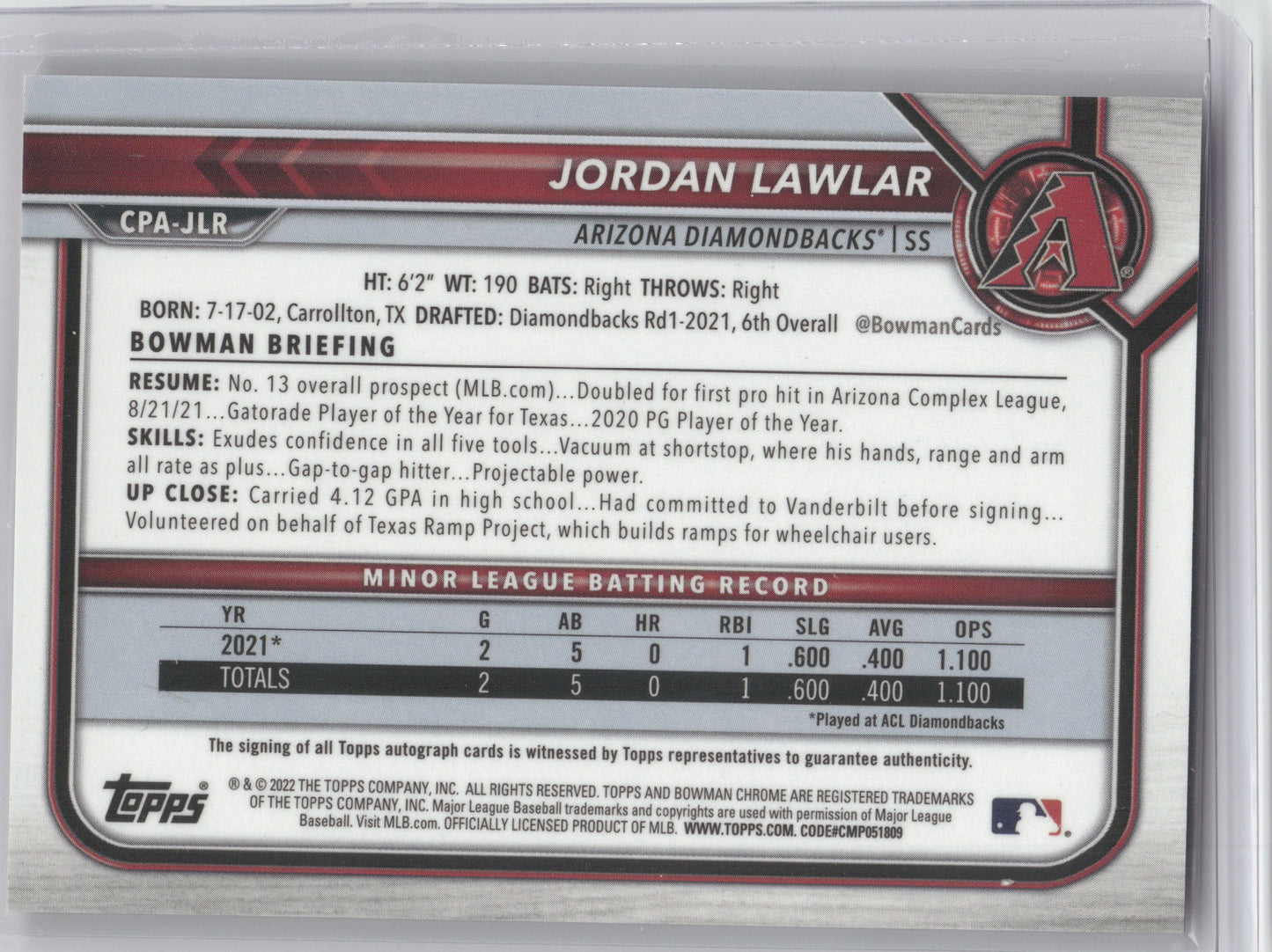 2022 Bowman Chrome Prospect Autograph Jordan Lawlar #JLR Orange Refractor 03/25