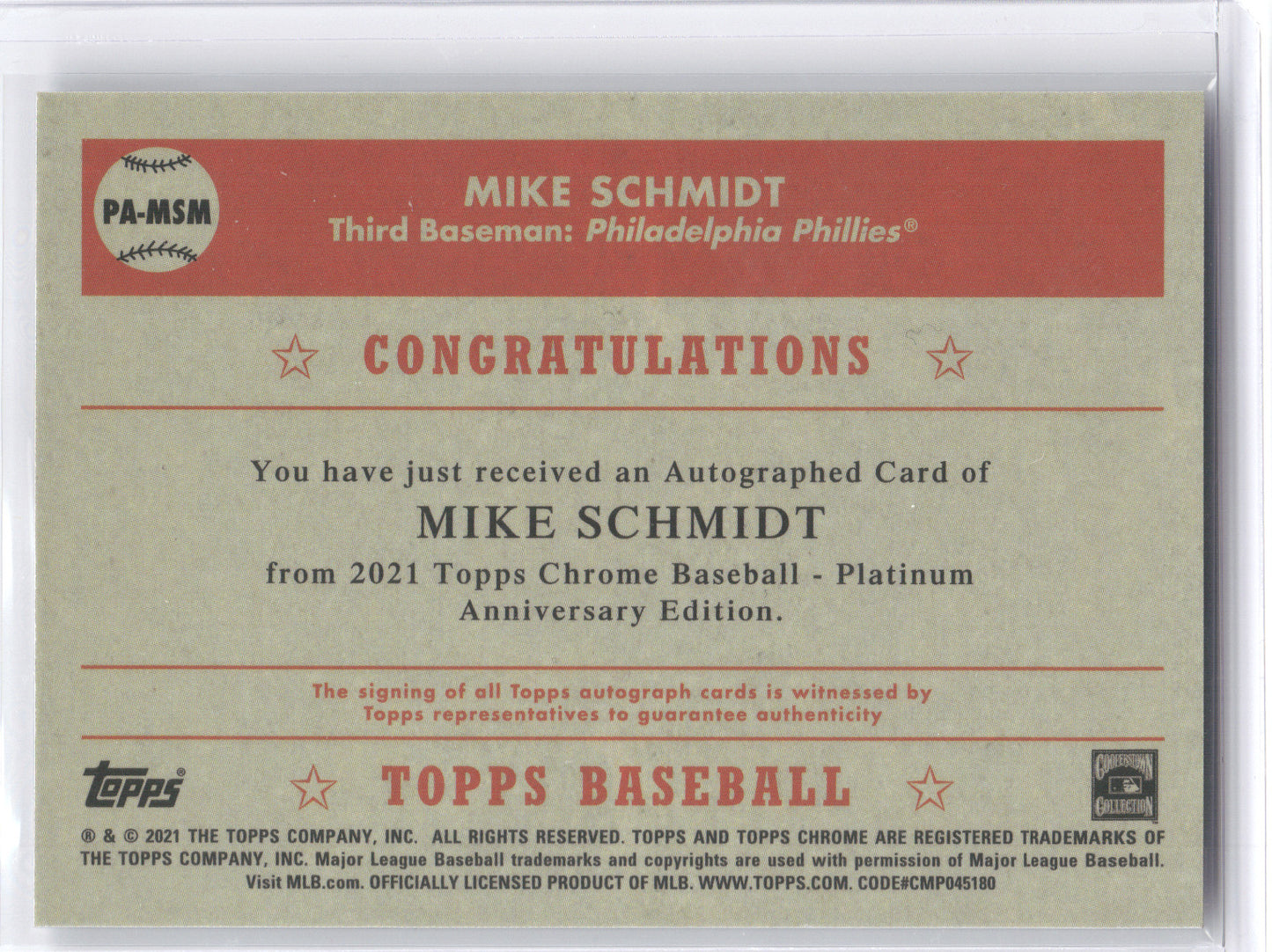2021 Topps Chrome Platinum Anniversary Autograph Mike Schmidt #PA-MSM