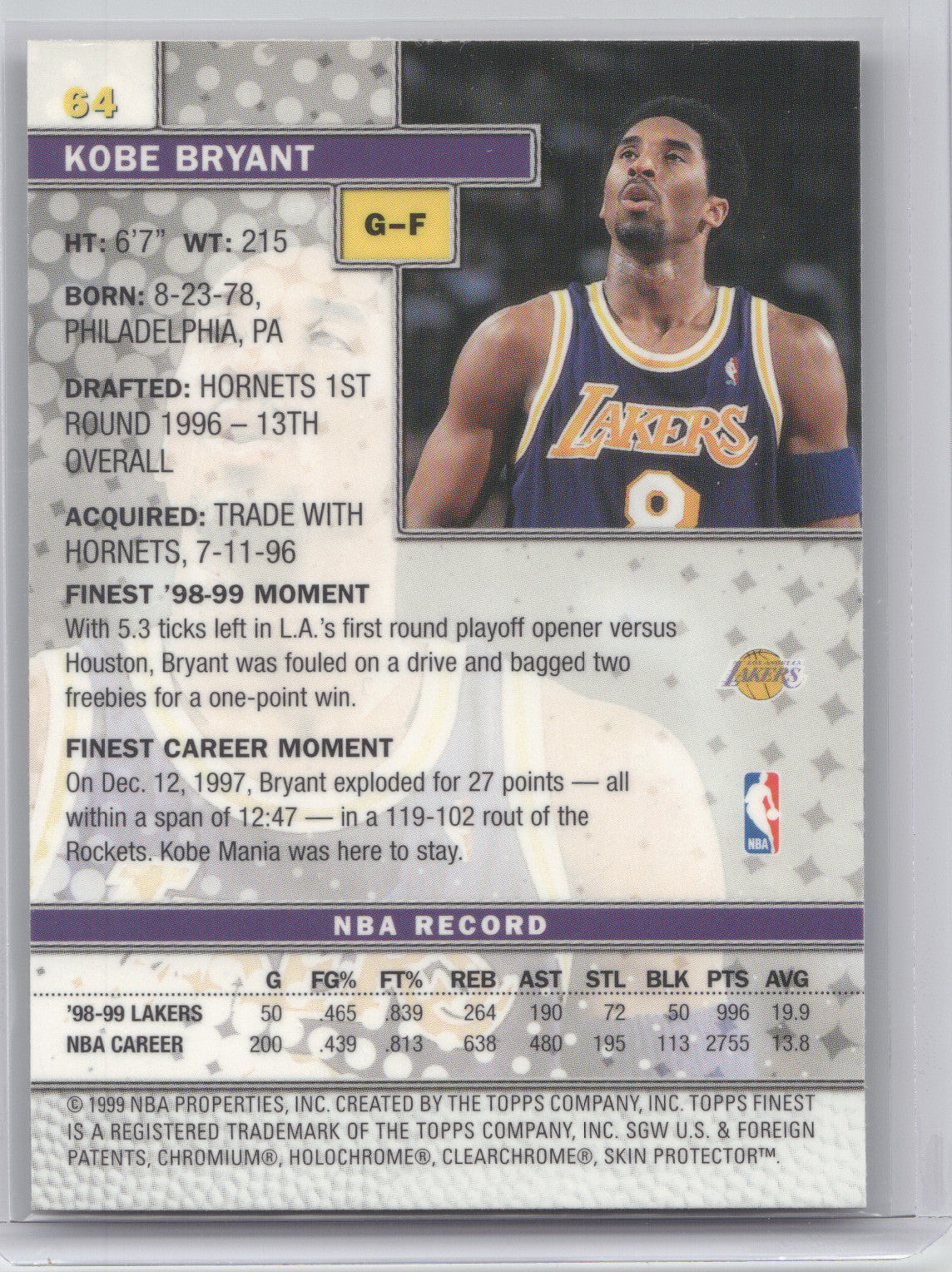 1999 Topps Finest Kobe Bryant #64 w/Coating