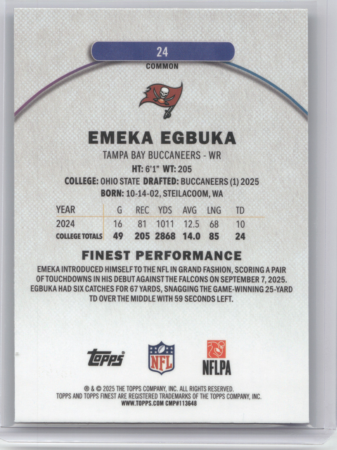 2025 Topps Finest Emeka Egbuka #24 Blue X-Fractor RC 59/99