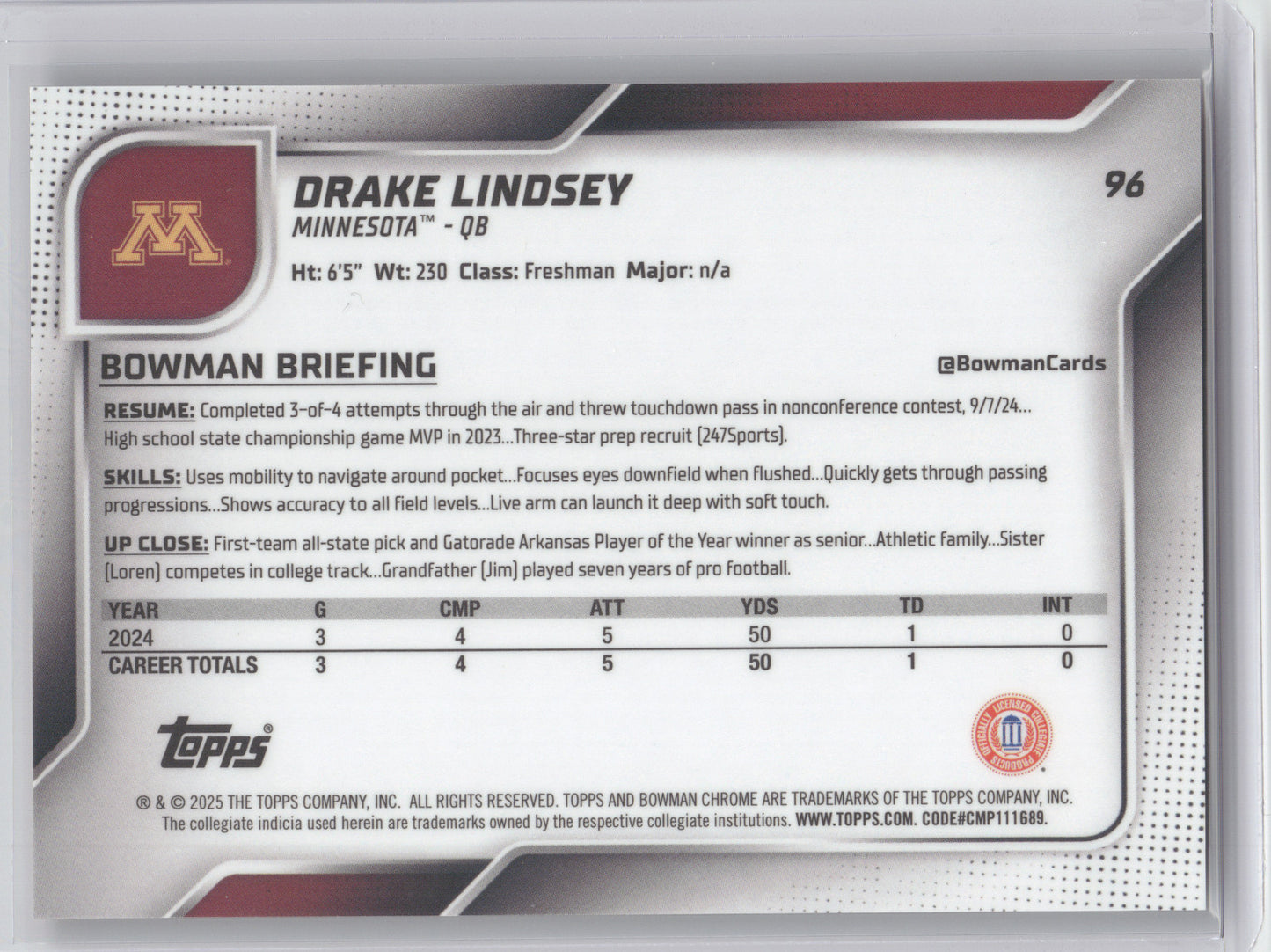 2025 Bowman Chrome University Drake Lindsey #96 Orange Refractor 17/25