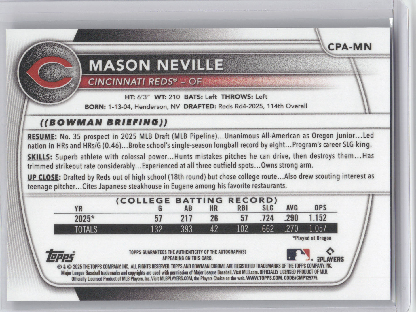 2025 Bowman Chrome Prospect Autograph Mason Neville #CPA-MN Purple 179/250