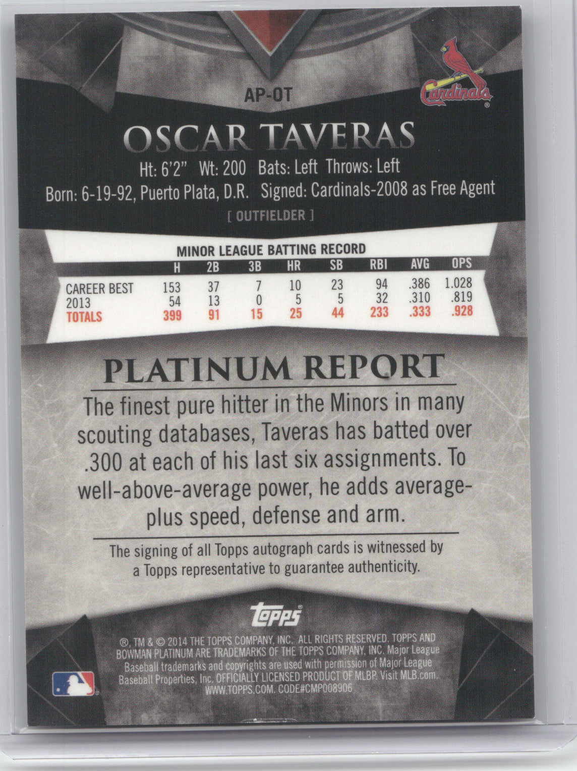 2014 Bowman Platinum Oscar Taveras #AP-OT Autograph Green Refractor 068/399