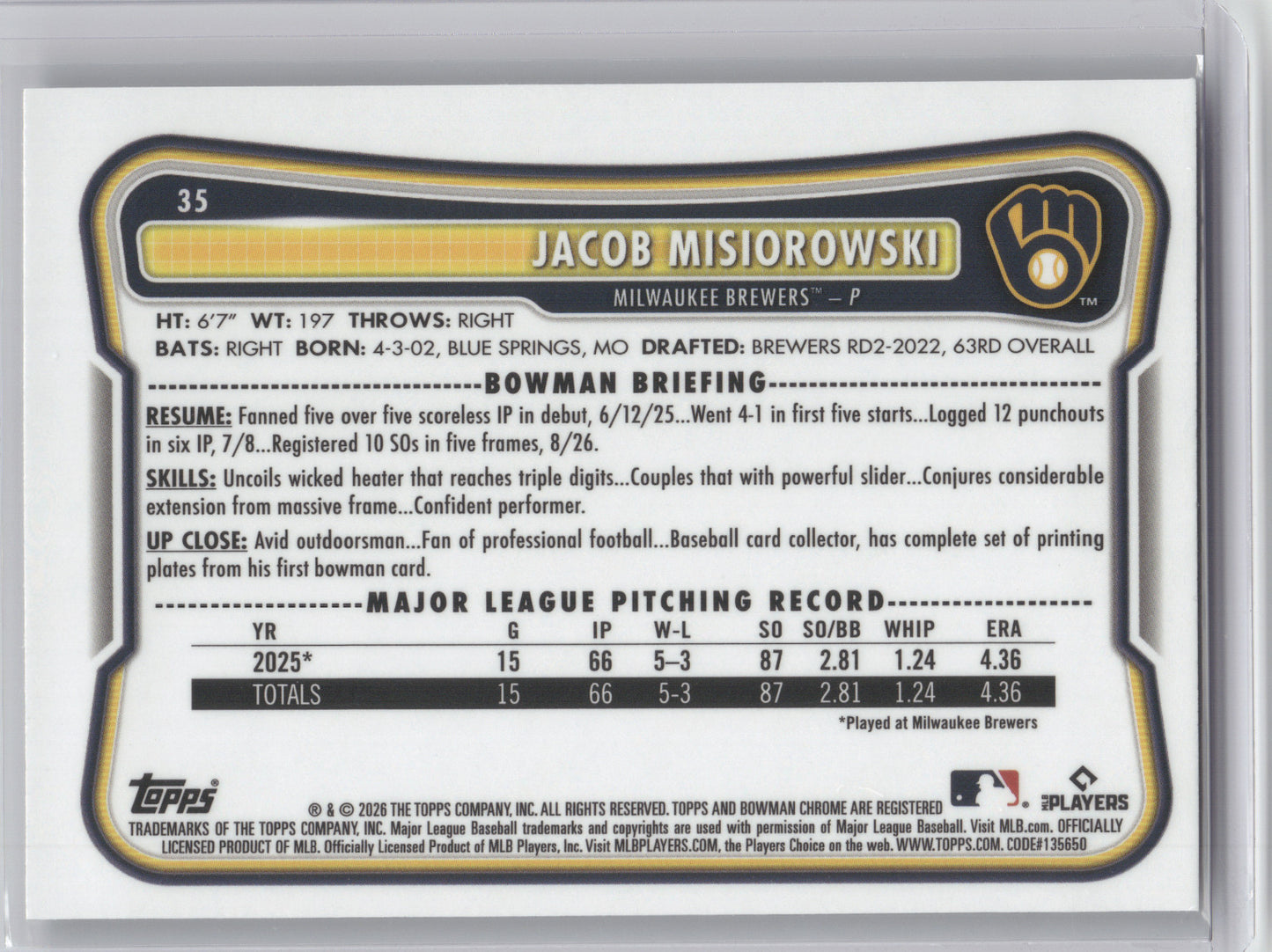 2026 Bowman Chrome Jacob Misiorowski #35 RC