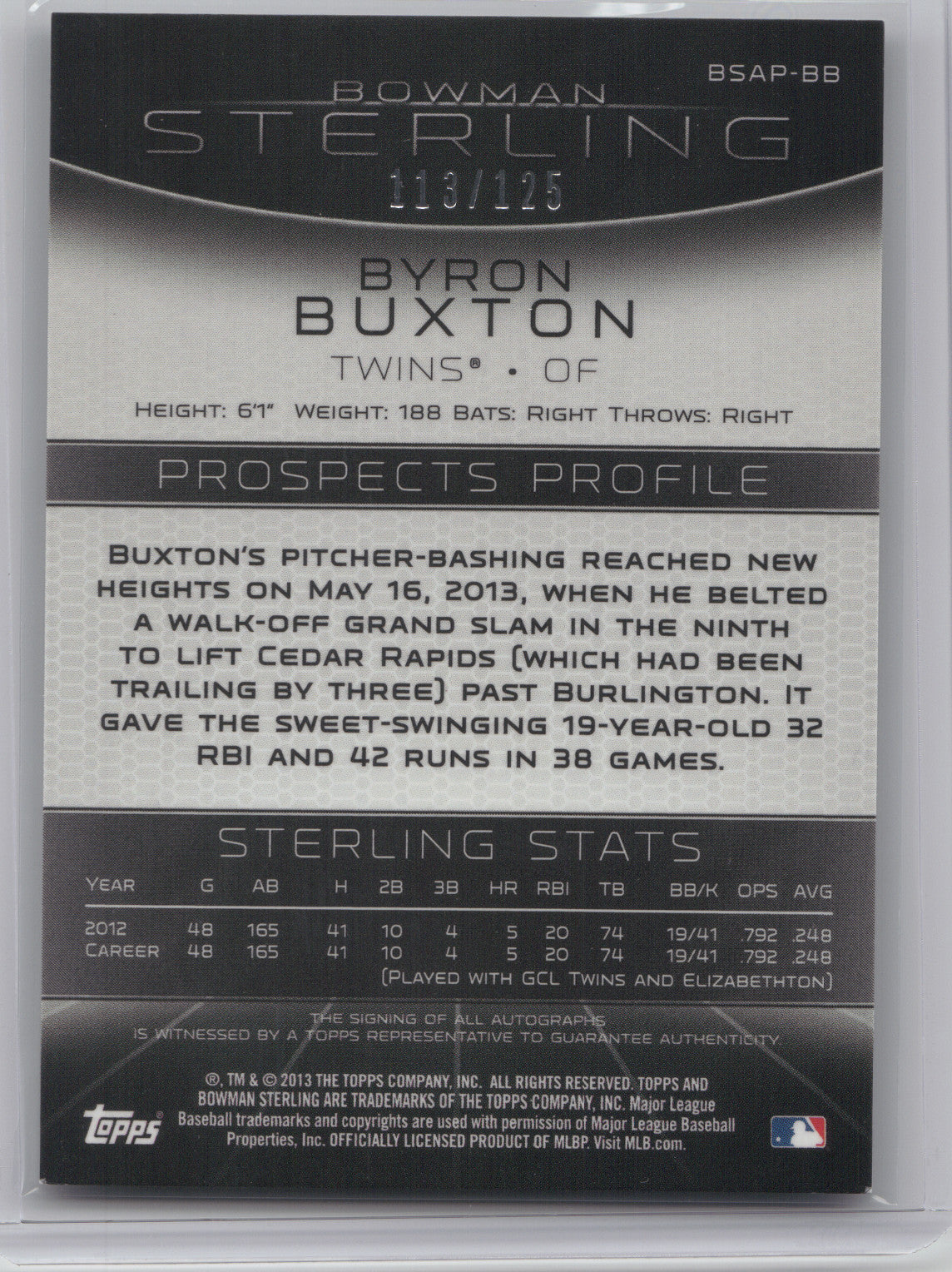 2013 Bowman Sterling Byron Buxton #BSAP-BB Autograph Green 113/125
