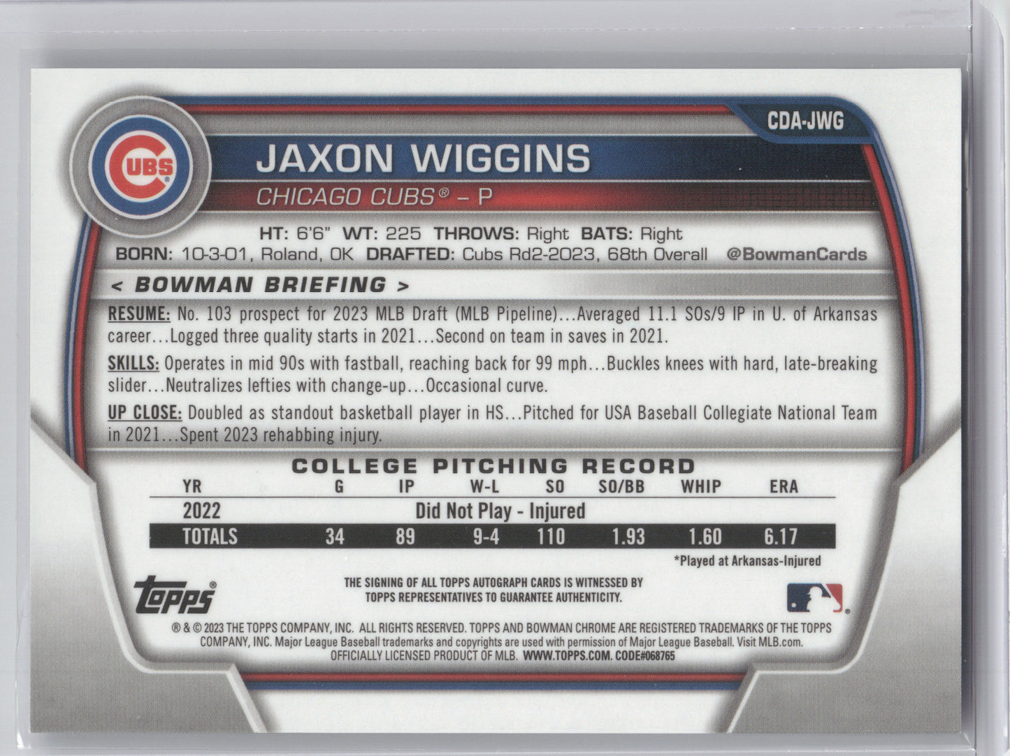 2023 Bowman Chrome Prospect Autograph Jaxon Wiggins #CDA-JWG 1st Bowman