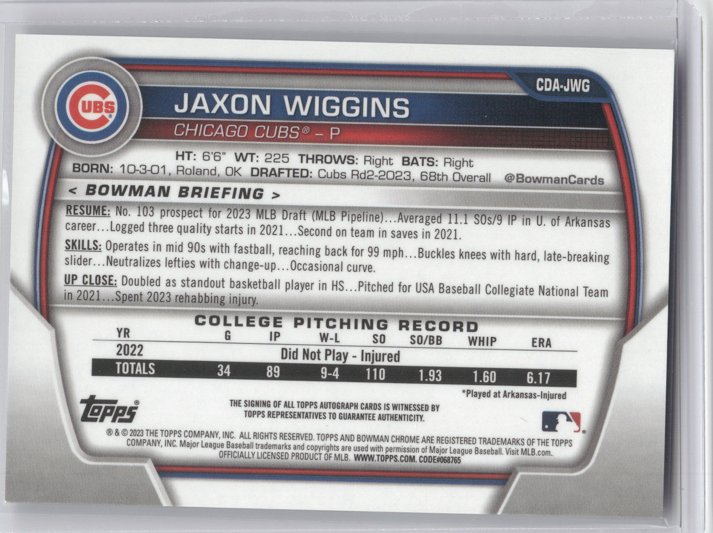 2023 Bowman Chrome Prospect Autograph Jaxon Wiggins #CDA-JWG 1st Bowman