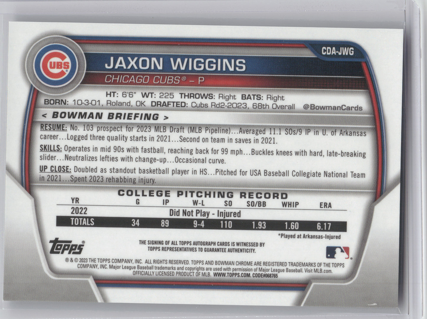 2023 Bowman Chrome Prospect Autograph Jaxon Wiggins #CDA-JWG