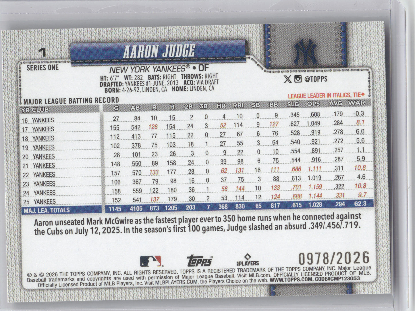 2026 Topps Aaron Judge #1 Gold 0978/2026