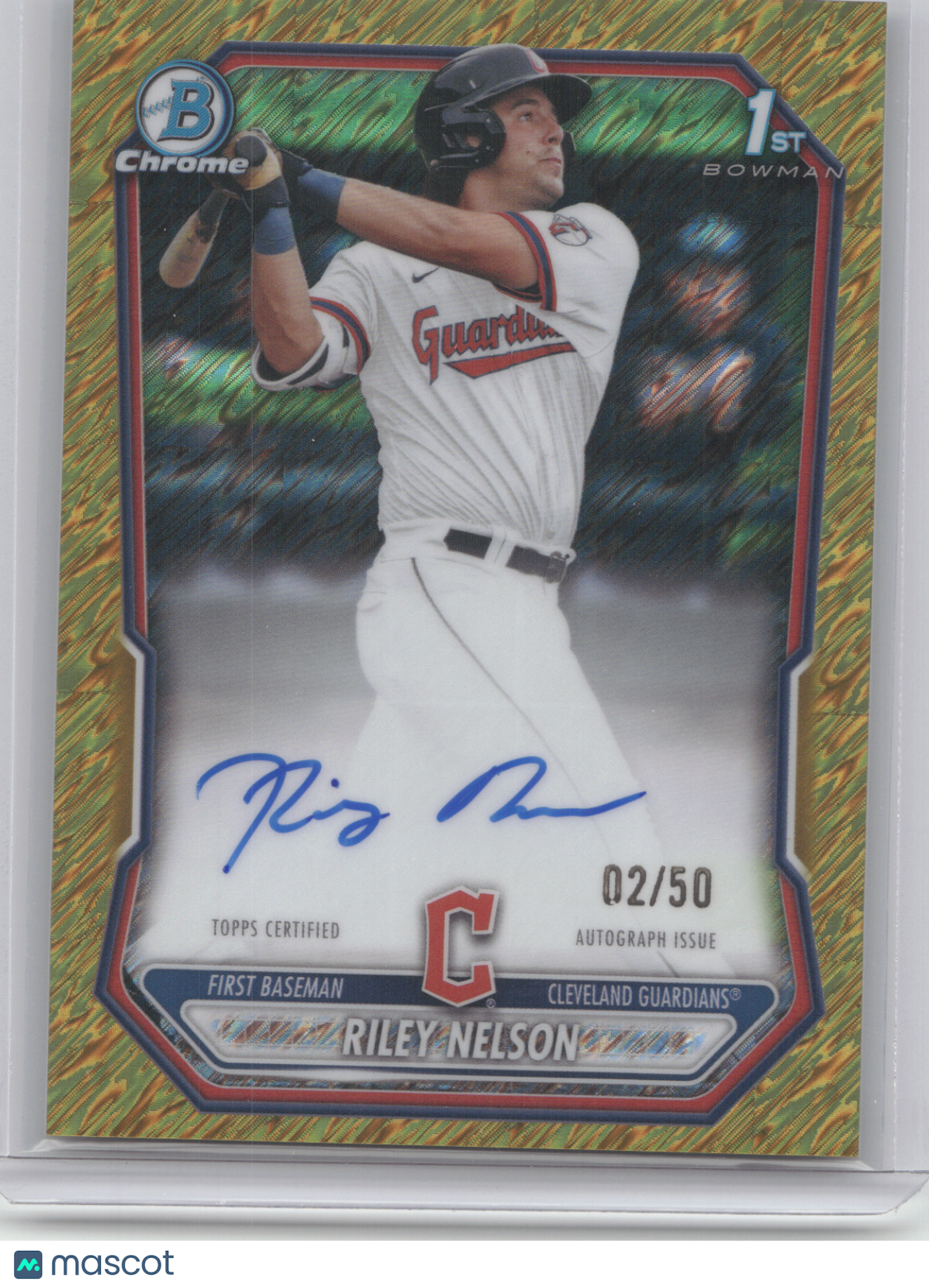 2026 Bowman Chrome Prospect Autograph Riley Nelson #RN Gold Shimmer Ref. 02/50