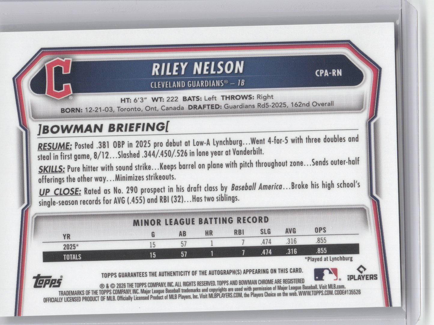 2026 Bowman Chrome Prospect Autograph Riley Nelson #RN Gold Shimmer Ref. 02/50