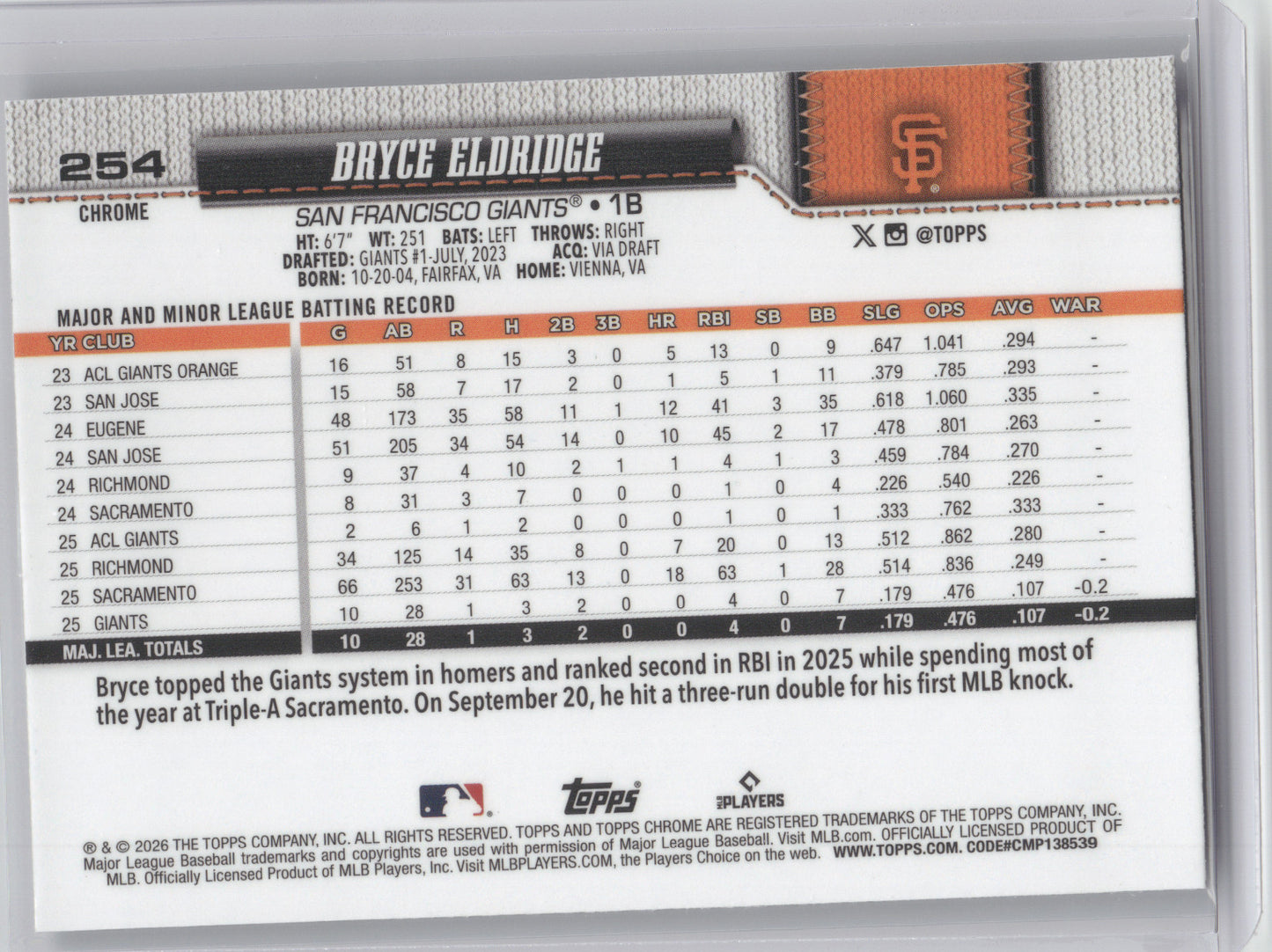 2026 Topps Chrome Bryce Eldridge #254 Negative Refractor RC