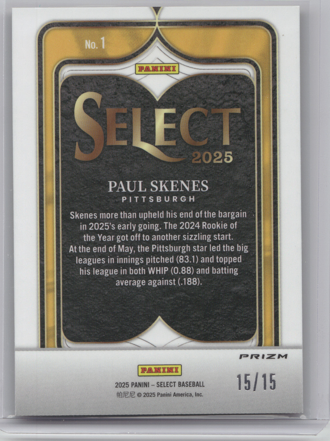 2025 Panini Select Baseball Numbers Paul Skenes #1 Orange Pulsar 15/15