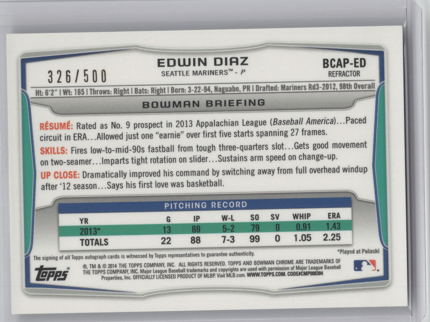 2014 Bowman Chrome Prospect Autograph Edwin Diaz #BCAP-ED Refractor 326/500