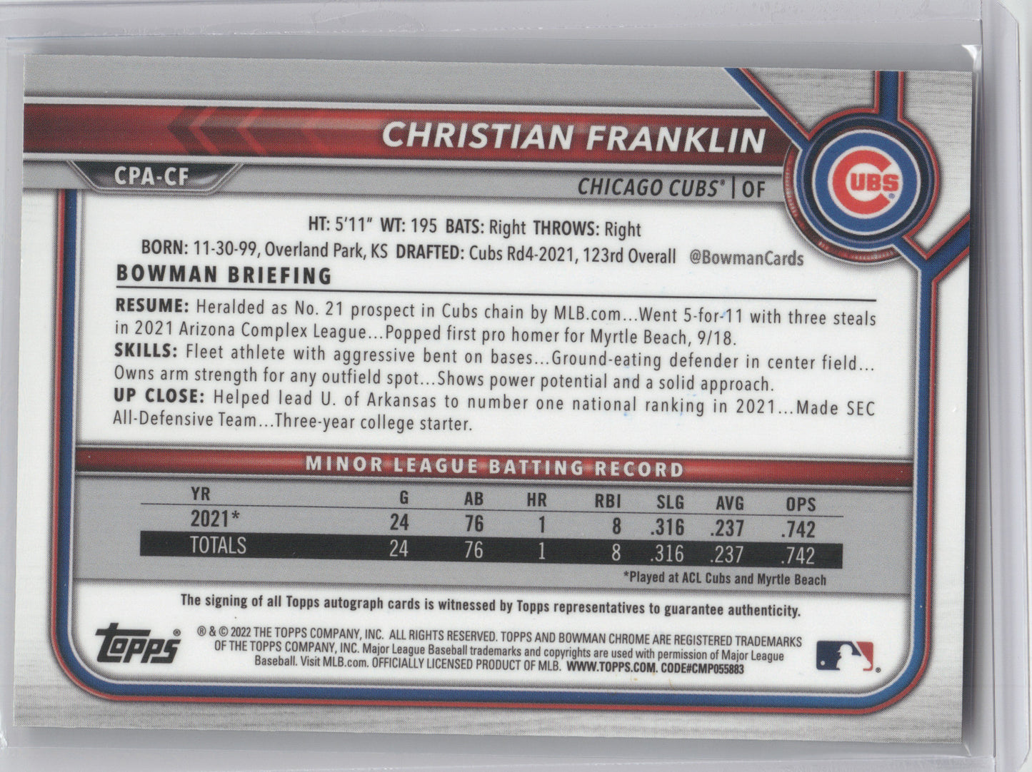 2022 Bowman Chrome Prospect Auto Christian Franklin #CF Gold Mini-Diamonds 03/50