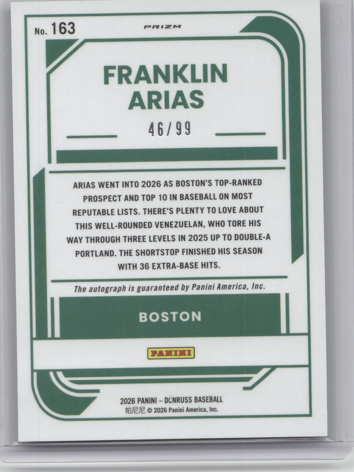 2026 Donruss Optic Baseball Franklin Arias #163 Autograph Purple 46/99