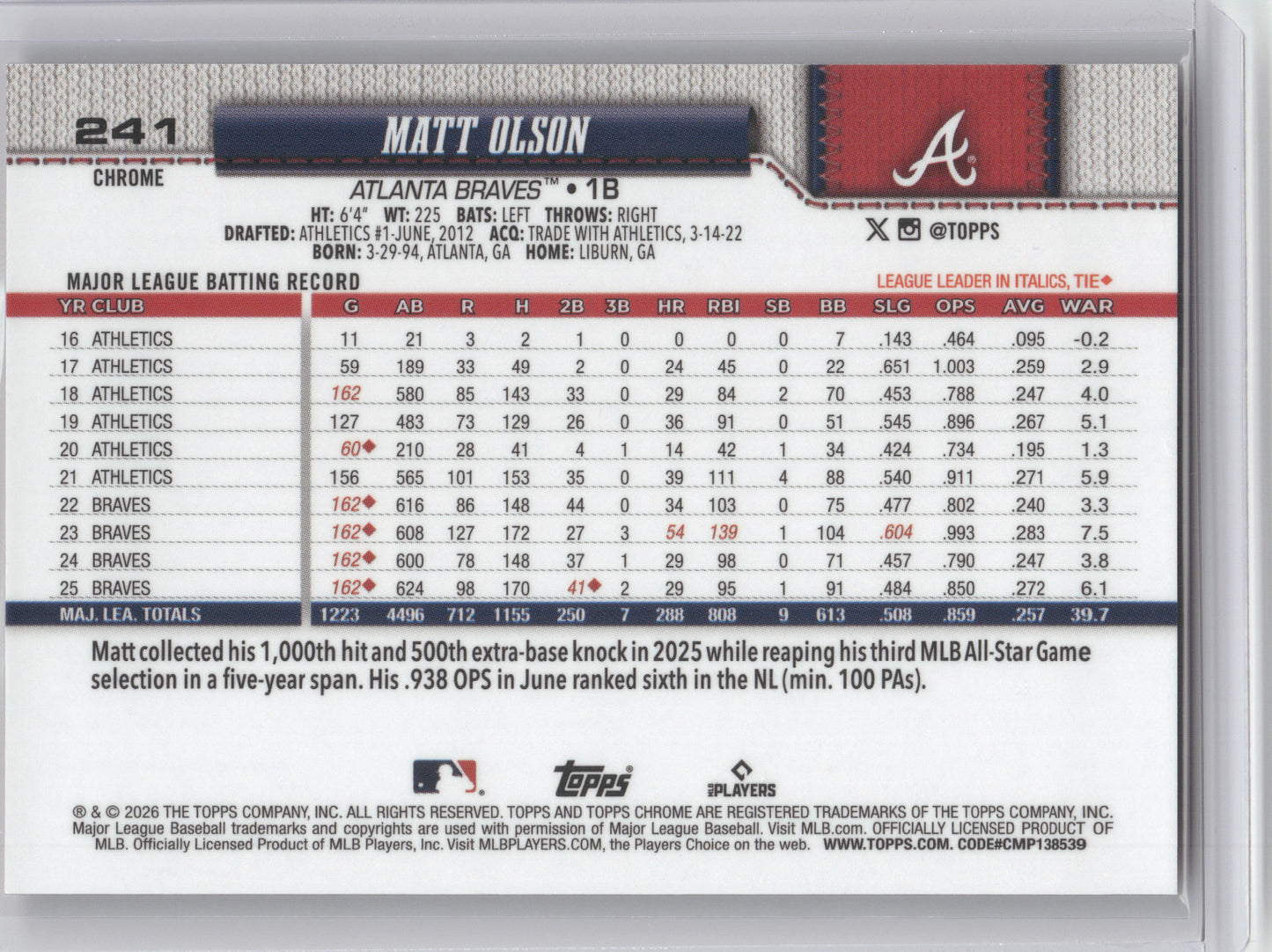 2026 Topps Chrome Matt Olson #241 Orange 06/25