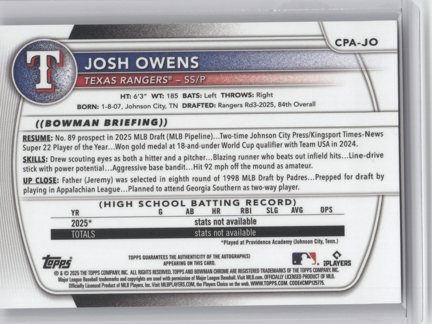2025 Bowman Chrome Prospect Autograph Josh Owens #JO Blue Mojo Refractor 065/150