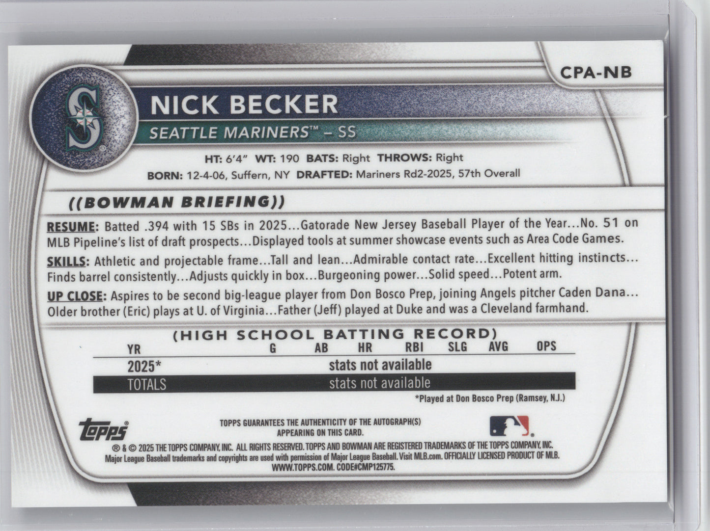 2025 Bowman Chrome Prospect Autograph Nick Becker #NB Purple Refractor 214/250