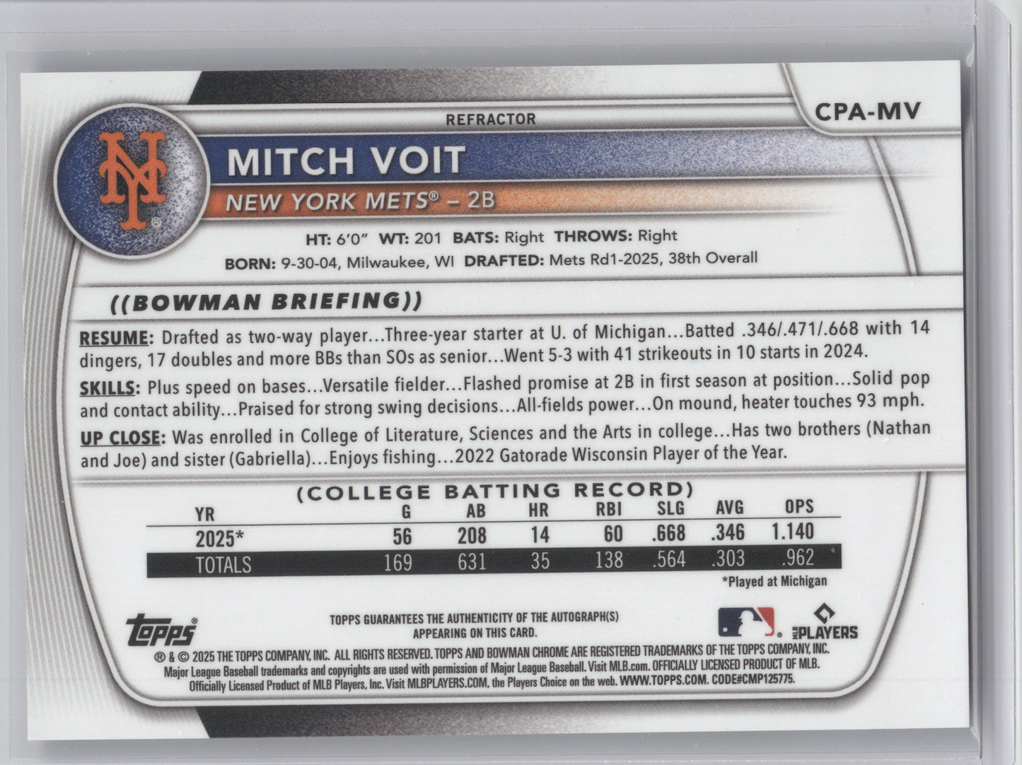 2025 Bowman Chrome Prospect Autograph Mitch Voit #CPA-MV Refractor 220/499