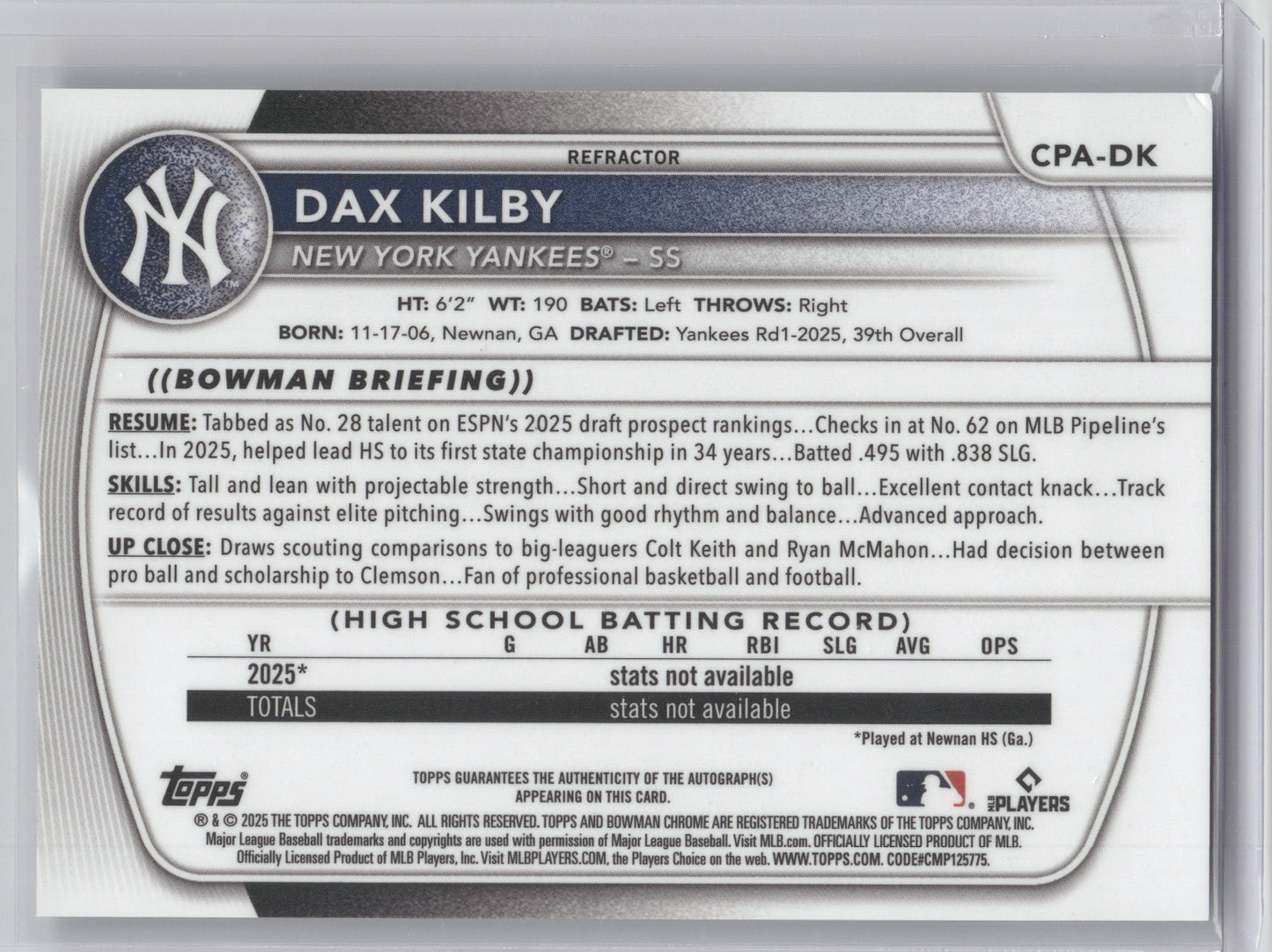 2025 Bowman Chrome Prospect Autograph Dax Kilby #CPA-DK Refractor 326/499
