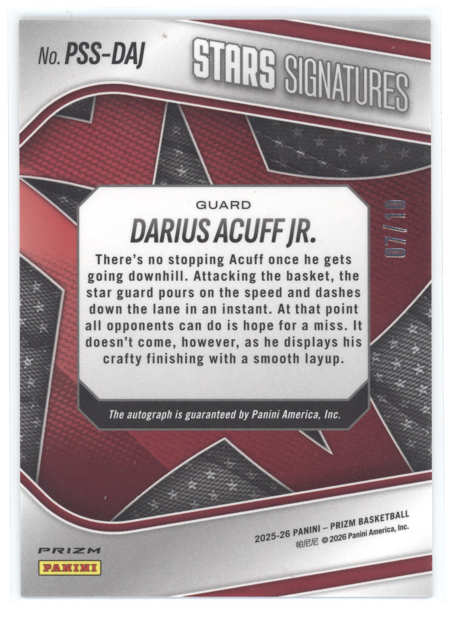 2025 Panini Prizm Stars Signatures Darius Acuff Jr. #PSS-DAJ Gold 07/10