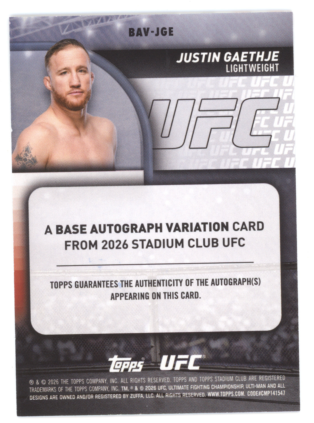 2026 Topps Stadium Club UFC Autograph Justin Gaethje #BAV-JGE