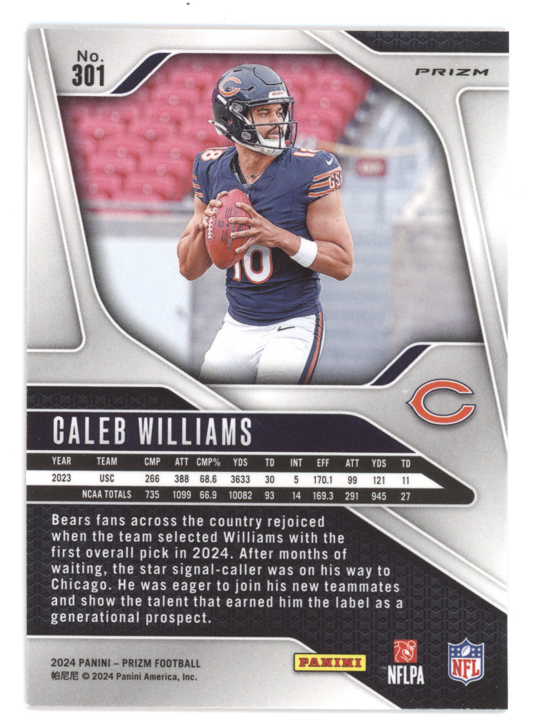 2024 Panini Prizm Football Caleb Williams #301 Orange Lazer RC