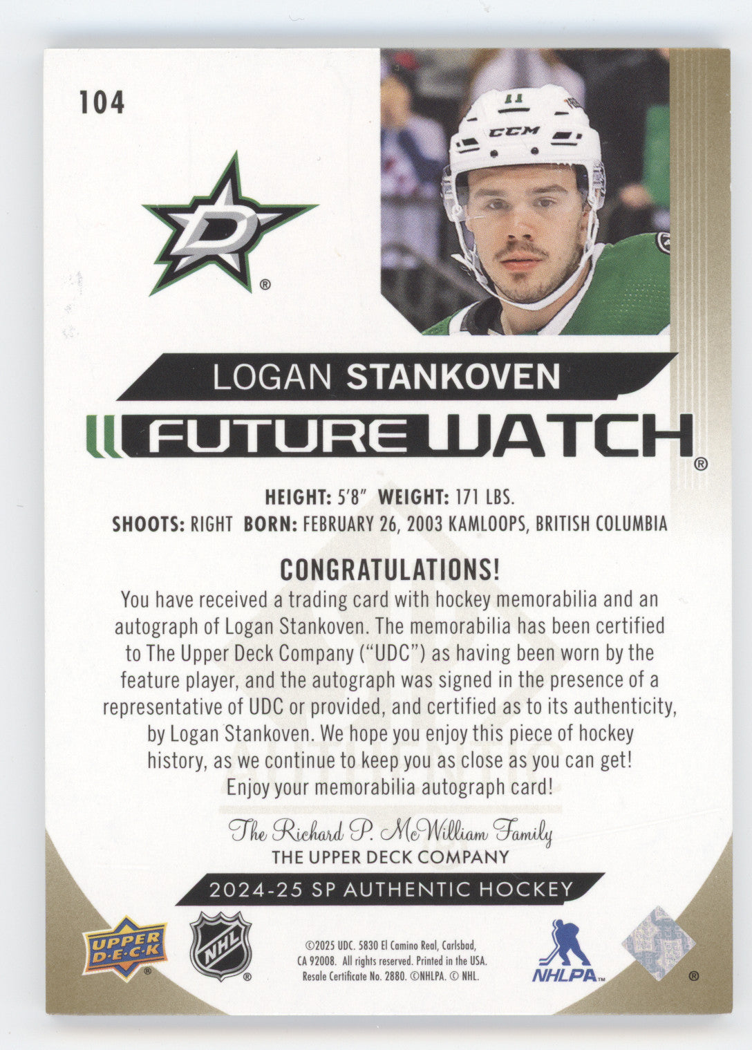2024 Upper Deck SP Authentic Future Watch Logan Stankoven #104 Autograph 042/100