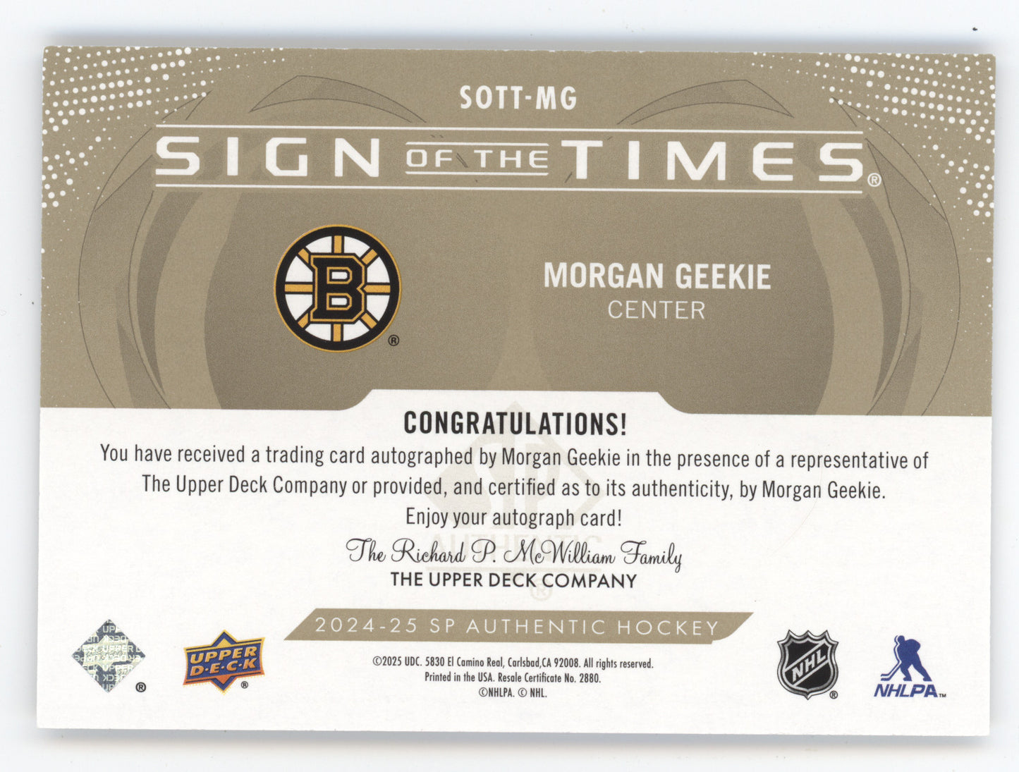 2024 Upper Deck SP Authentic Sign of the Times Morgan Geekie #SOTT-MG 60/99