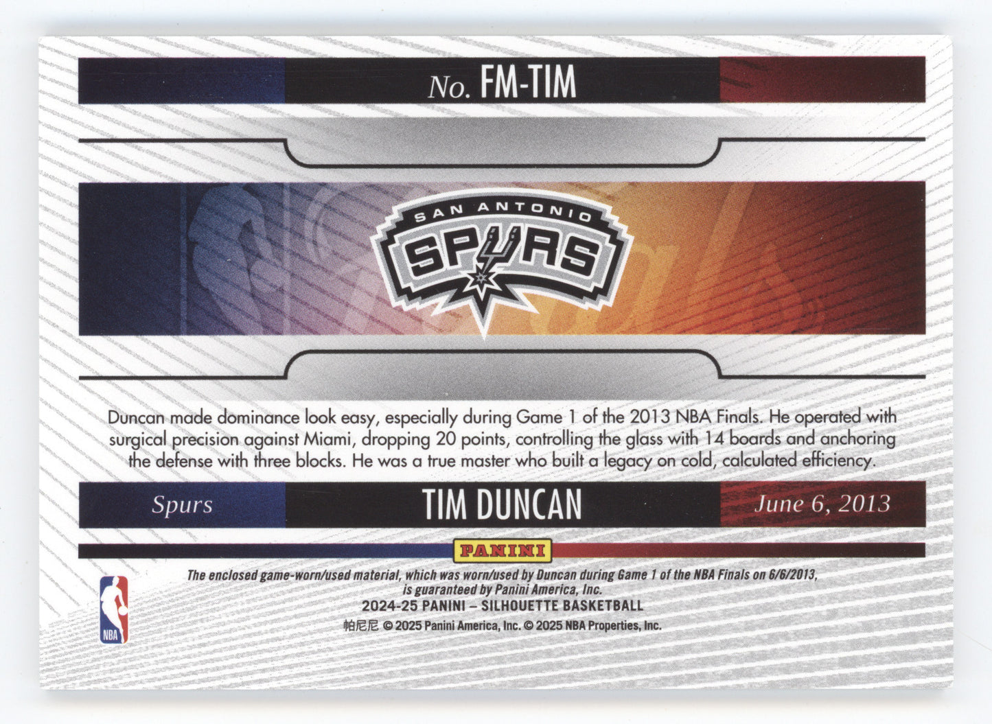 2024 Panini Silhouette NBA Finals Memorabilia Tim Duncan #FM-TIM Bronze 23/29