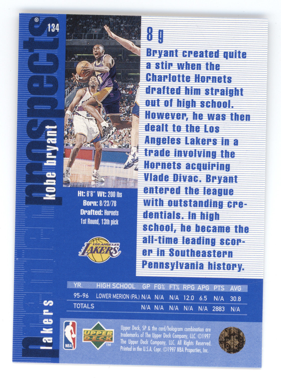 1996 Upper Deck SP Premier Prospects Kobe Bryant #134