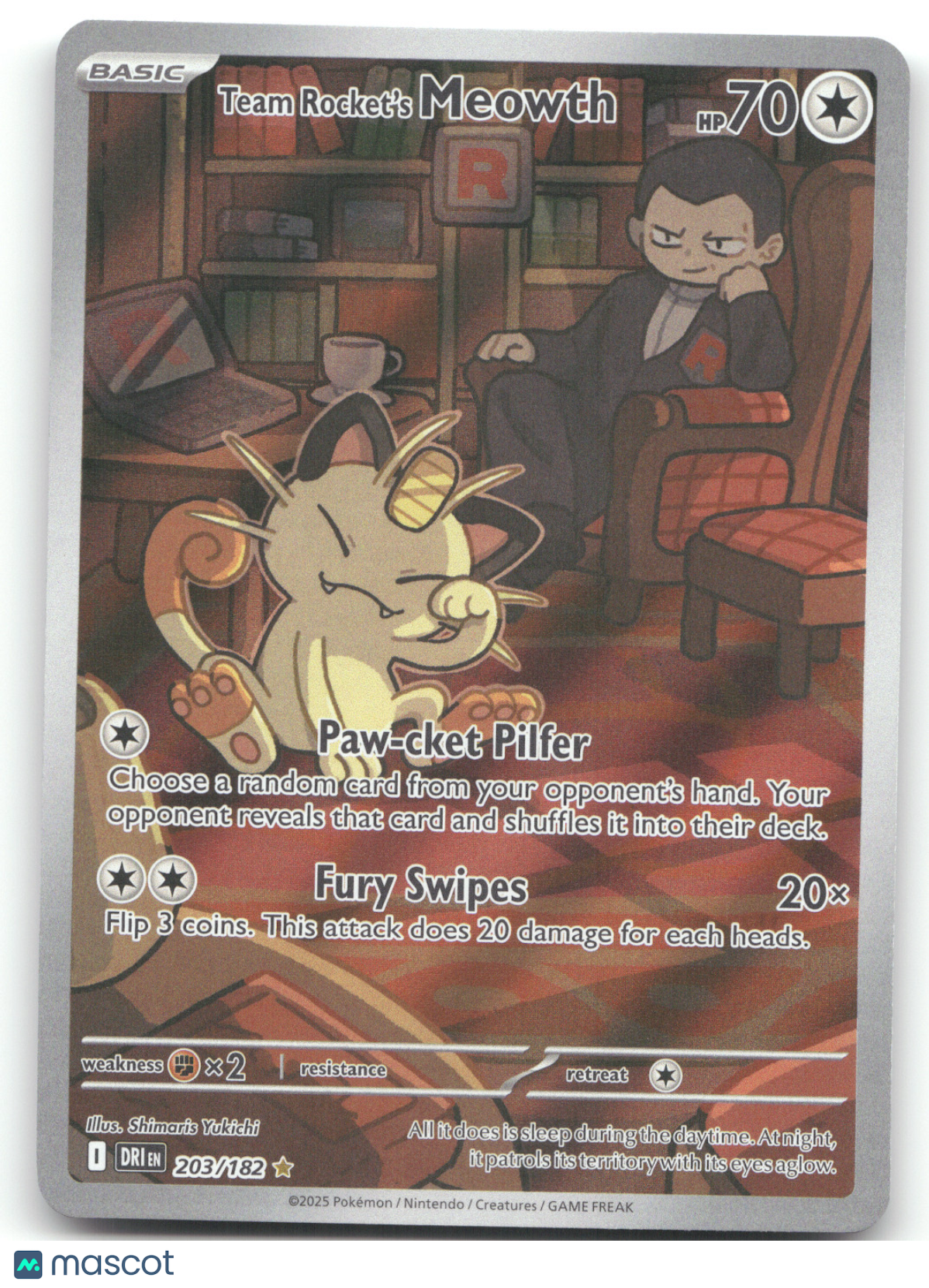 2025 Destined Rivals Team Rocket's Meowth Secret Rare #203/182