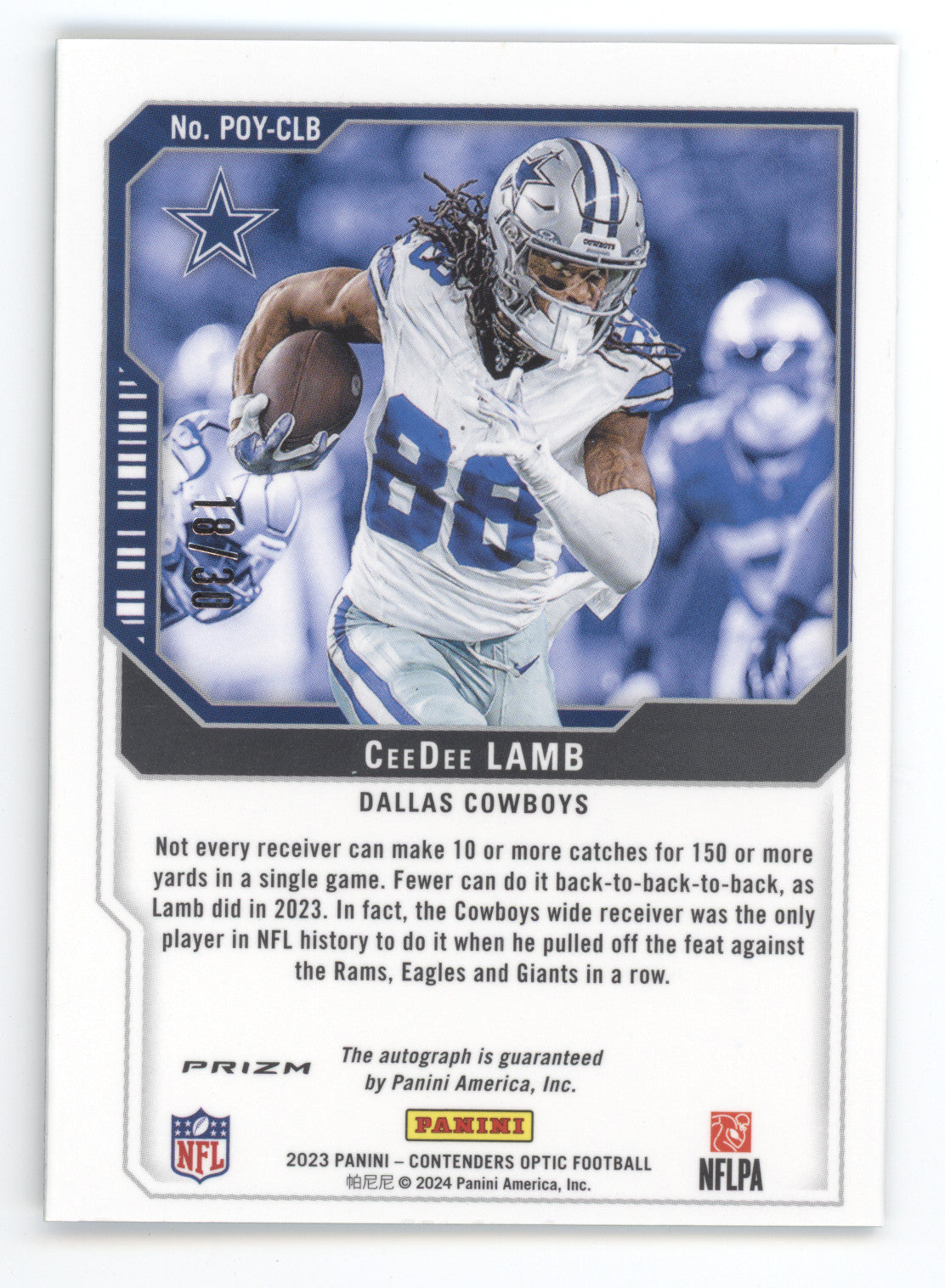 2023 Panini Contenders Optic Autograph CeeDee Lamb #POY-CLB Green Pulsar 18/30