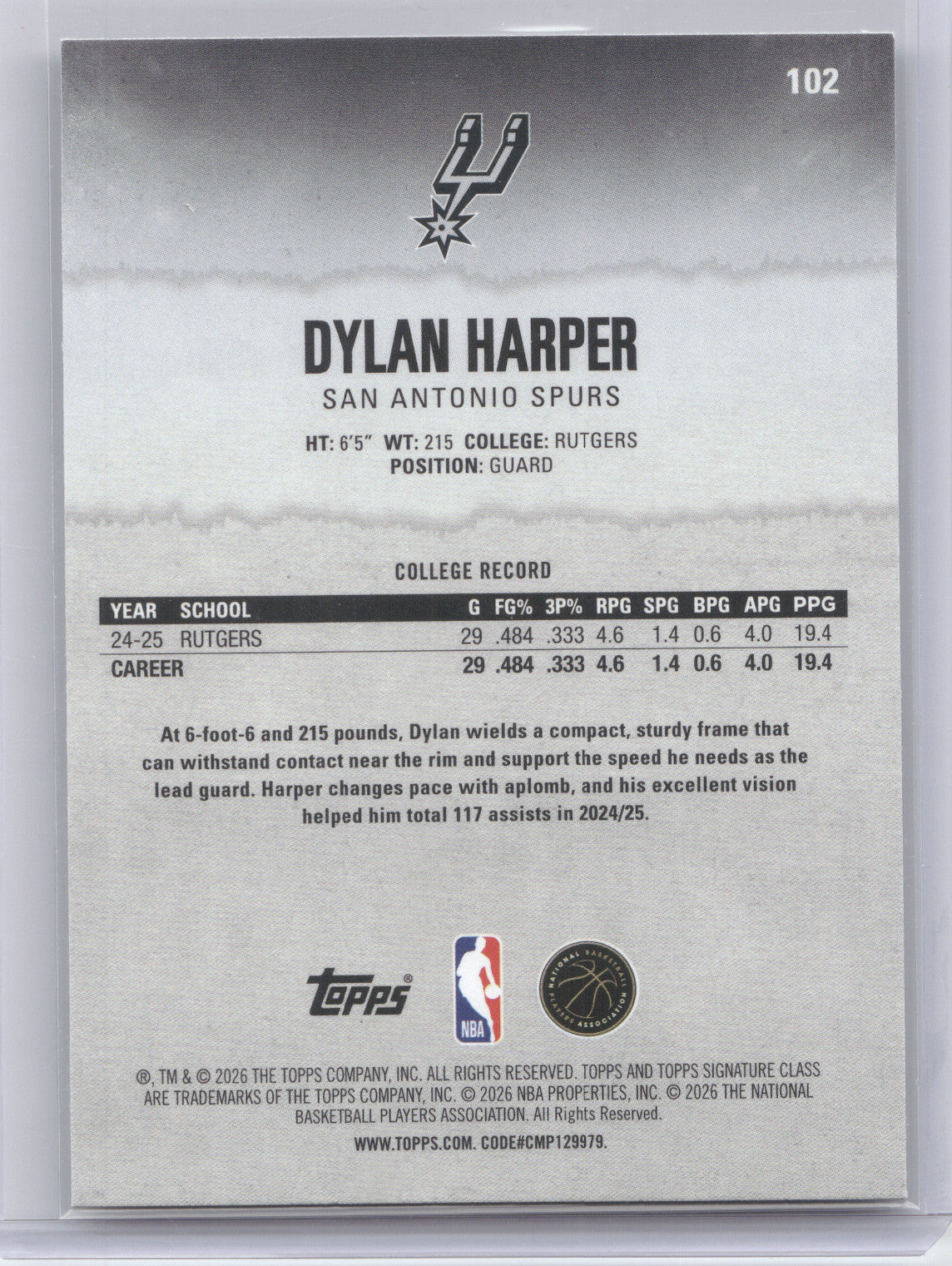 2025 Topps Signature Class Dylan Harper #102 Green RC 087/150