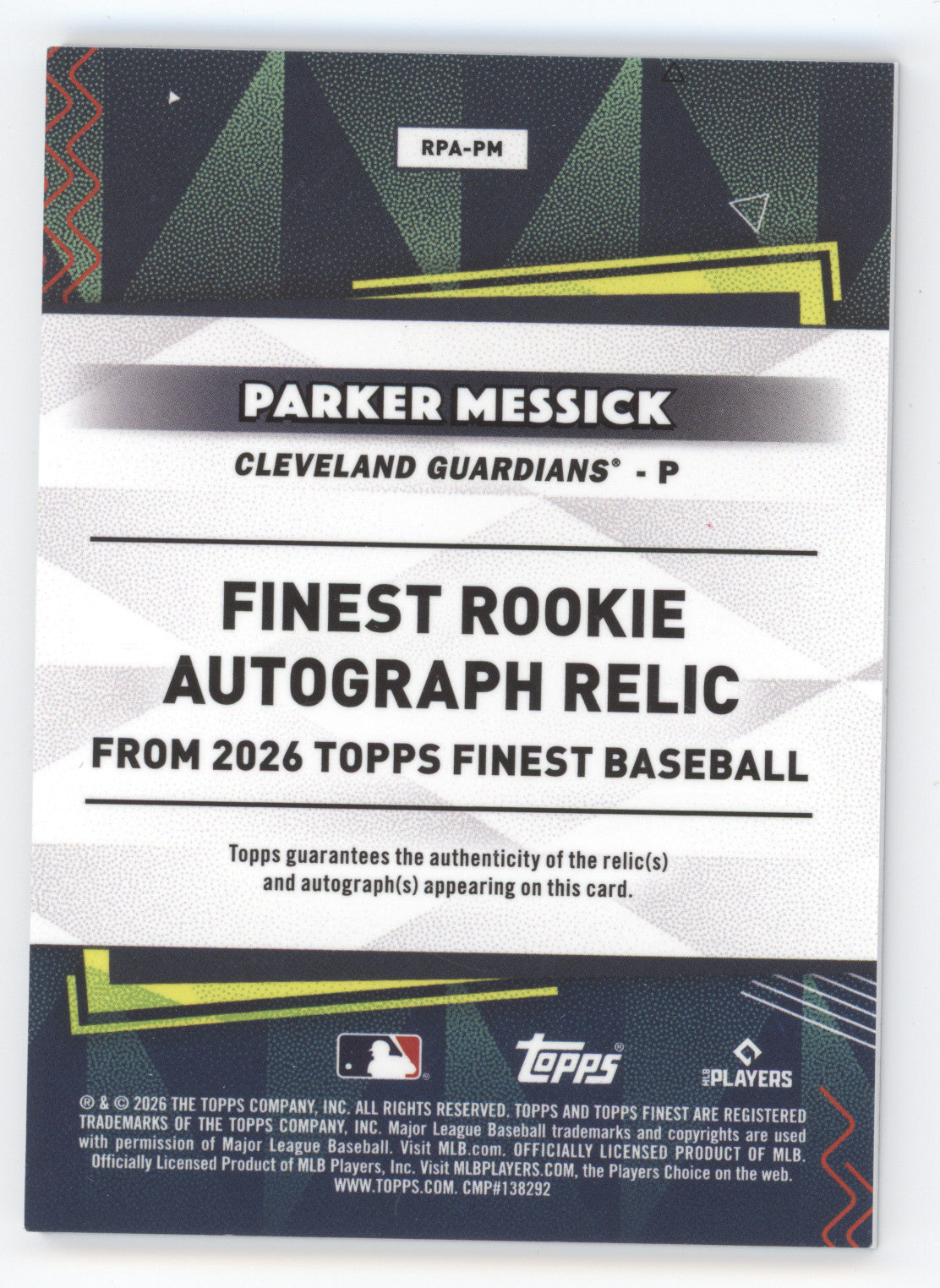 2026 Topps Finest Rookie Autograph Relic Parker Messick #RPA-PM Purple 63/75 RC