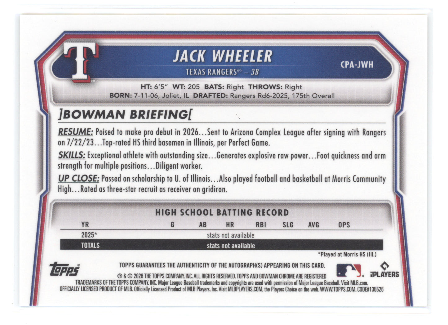 2026 Bowman Chrome Prospect Autograph Jack Wheeler #CPA-JWH Yellow 58/75