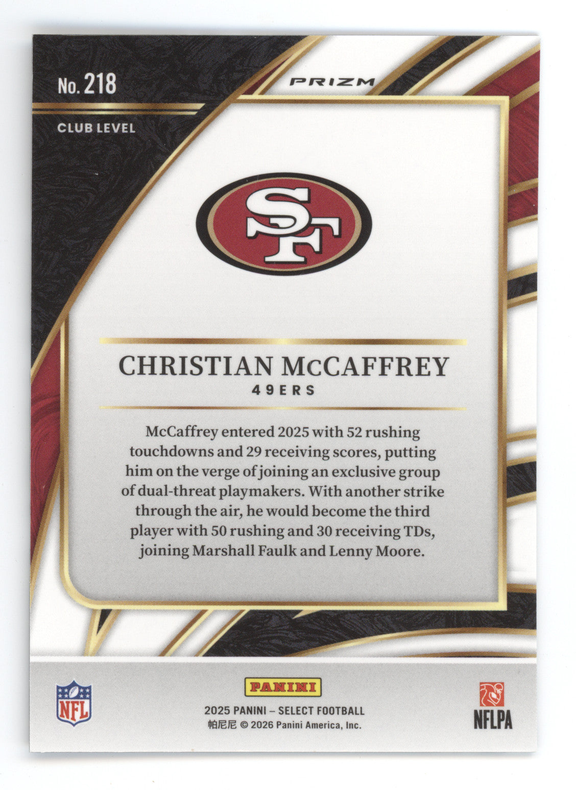 2025 Panini Select Football Christian McCaffrey #218 Zebra Prizm